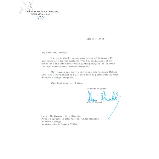 Ambassador of Finland Olavi Munkki Letterhead Memo March 1968 B10