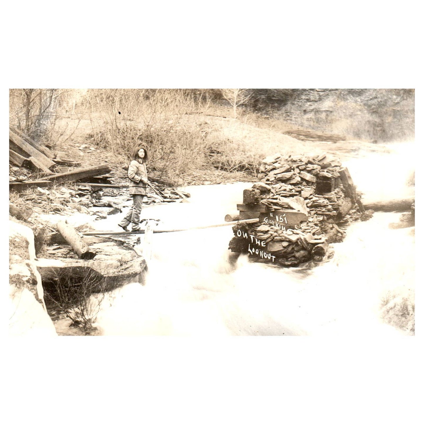 Man Crossing River on Narrow Board - Original Postcard RPPC TJ8-4