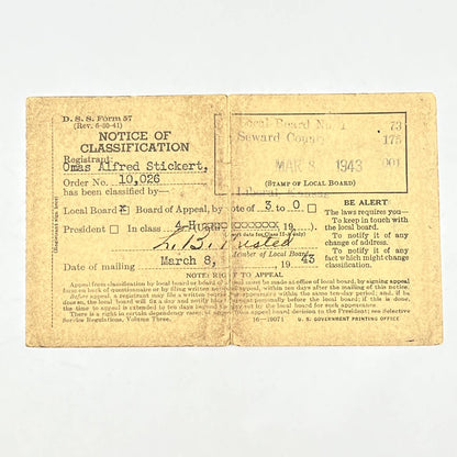 1943 WWII Selective Service Draft Card Omas Alfred Strickert Liberal KS AC2