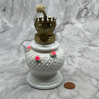 Vintage Enesco Minature Oil Lamp Hobnail Milk Glass & Bone China 8" TI7
