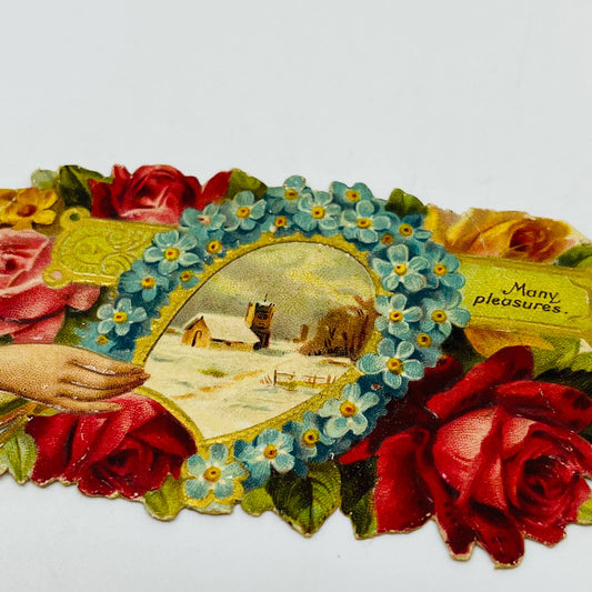 1880's VICTORIAN CALLING CARD LITHO Die Cut Flowers Roses Farmhouse Scene AA2