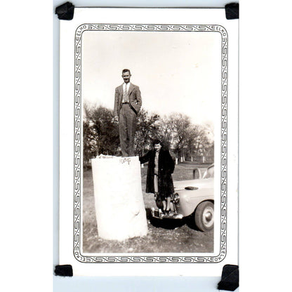 1940s Unusual Photo of Man Standing on Cement Block and Woman on Car 3x5 SE5
