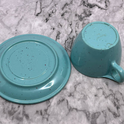 Imperial Ware Speckled Confetti Teal Blue MCM Cup & Saucer Melmac Malamine TA3-1