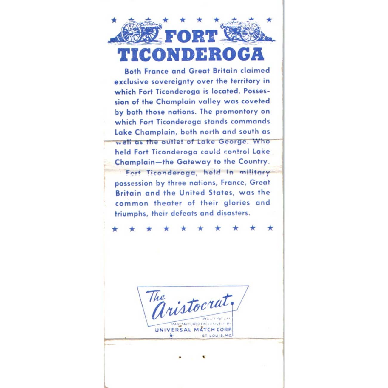 Fort Ticonderoga NY Souvenir Advertising Matchbook Cover SA1-M10