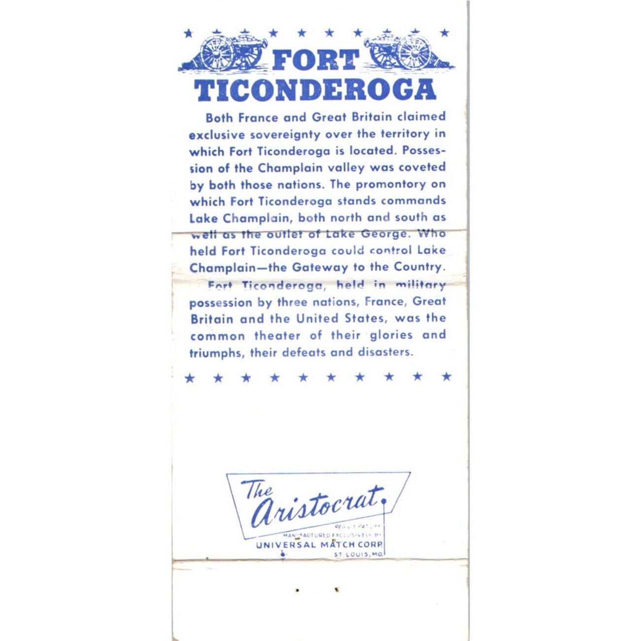 Fort Ticonderoga NY Souvenir Advertising Matchbook Cover MM9-6