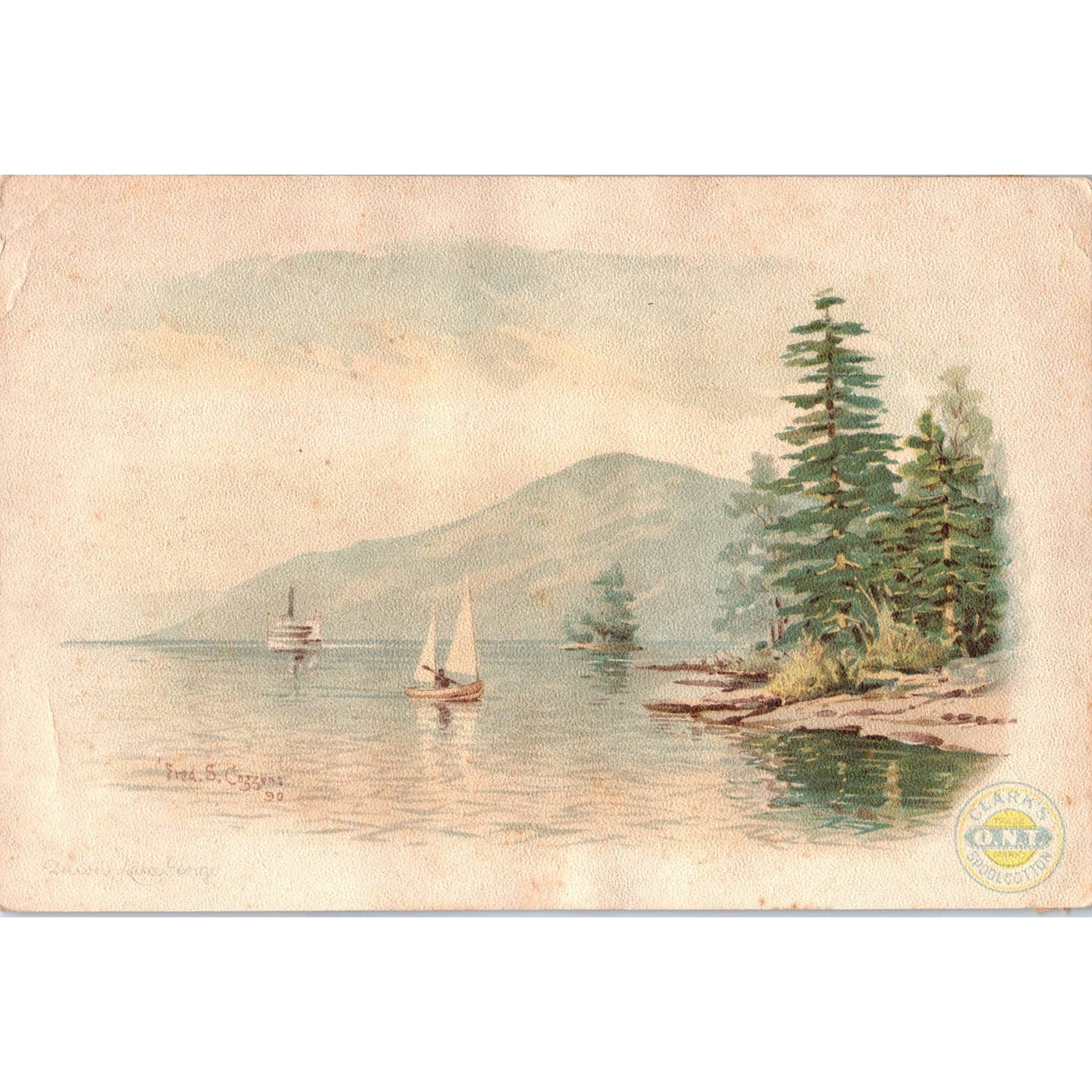 1890s Victorian Trade Card Clark's O.N.T. Thread- Lake George Fred S. Cozzen EA3