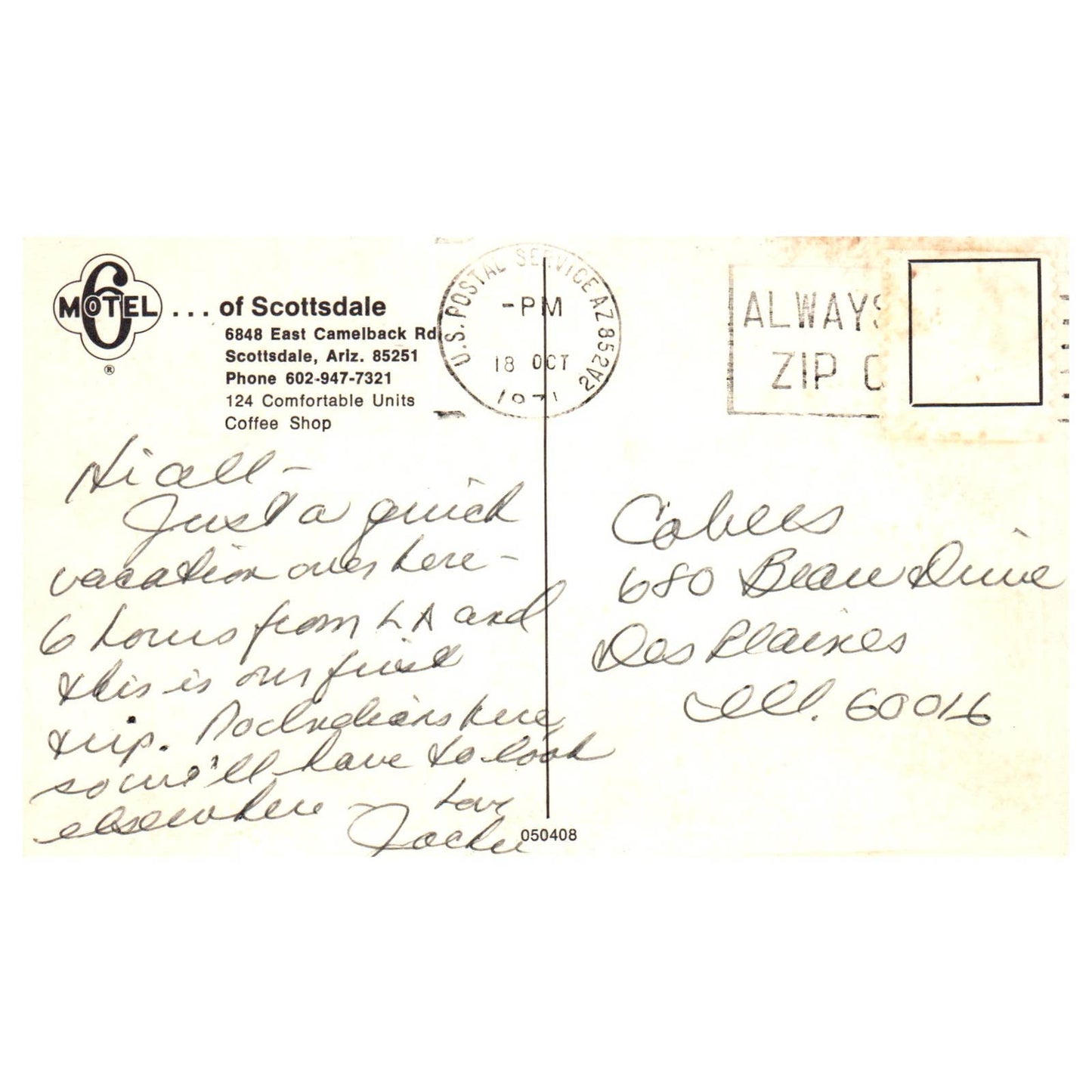 Vintage Postcard - Motel 6 of Scottsdale Arizona 1971 AD9