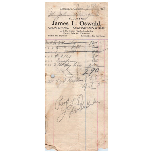 1913 Billhead James L. Oswald General Merchandise Allendale SC SE4