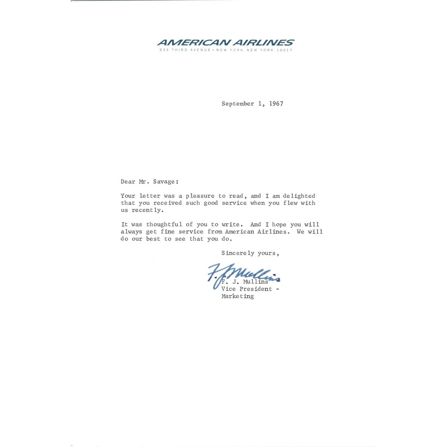 American Airlines Letterhead Memo F.J. Mullins 1967 TK1-P8