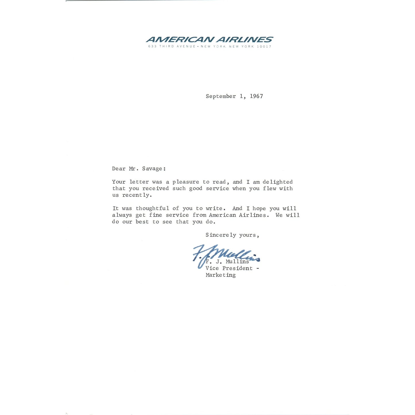 American Airlines Letterhead Memo F.J. Mullins 1967 B13