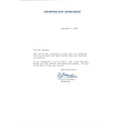 American Airlines Letterhead Memo F.J. Mullins 1967 B13