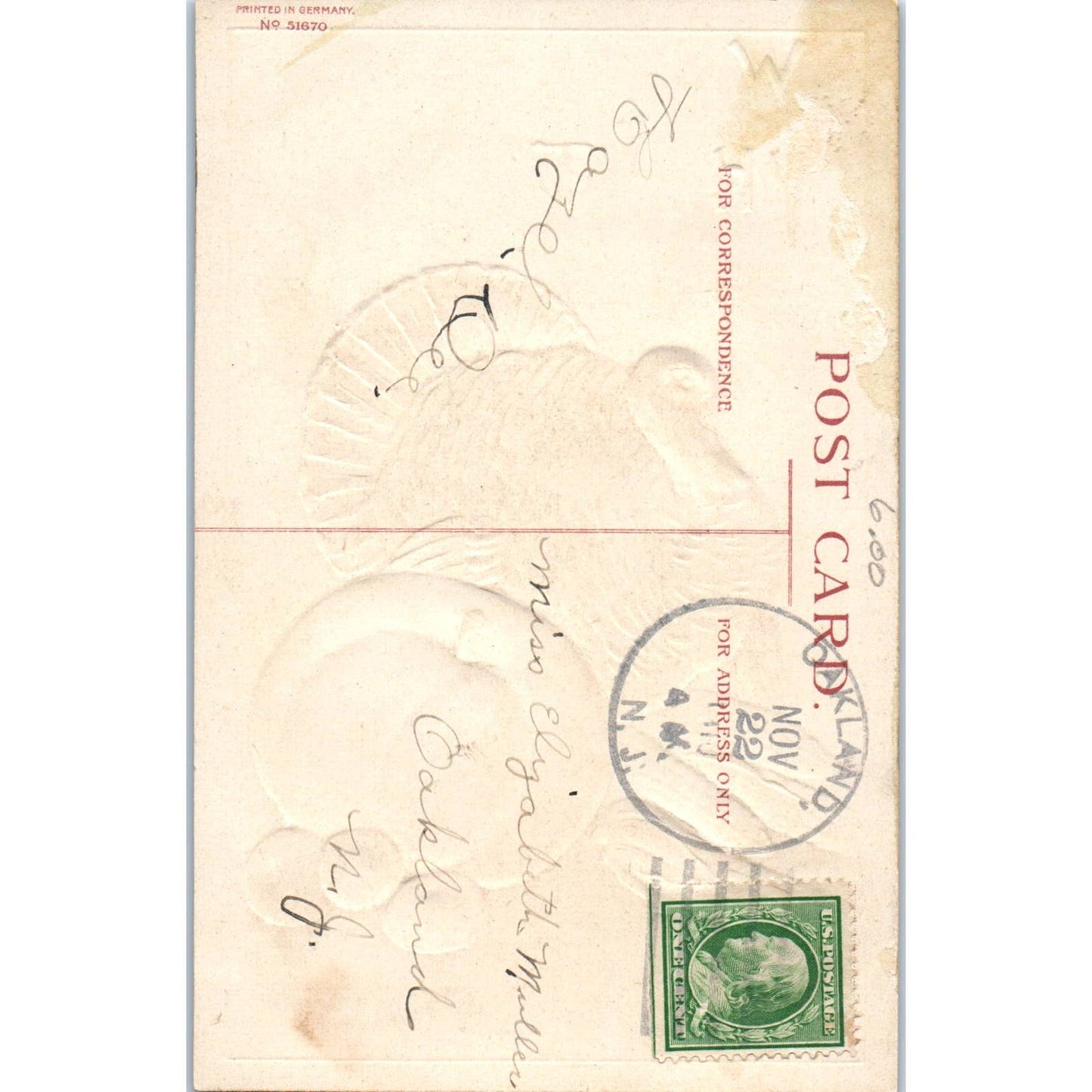 Ellen Clapsaddle Thanksgiving Turkey Pumpkin Embossed 1908 Postcard TK1-28