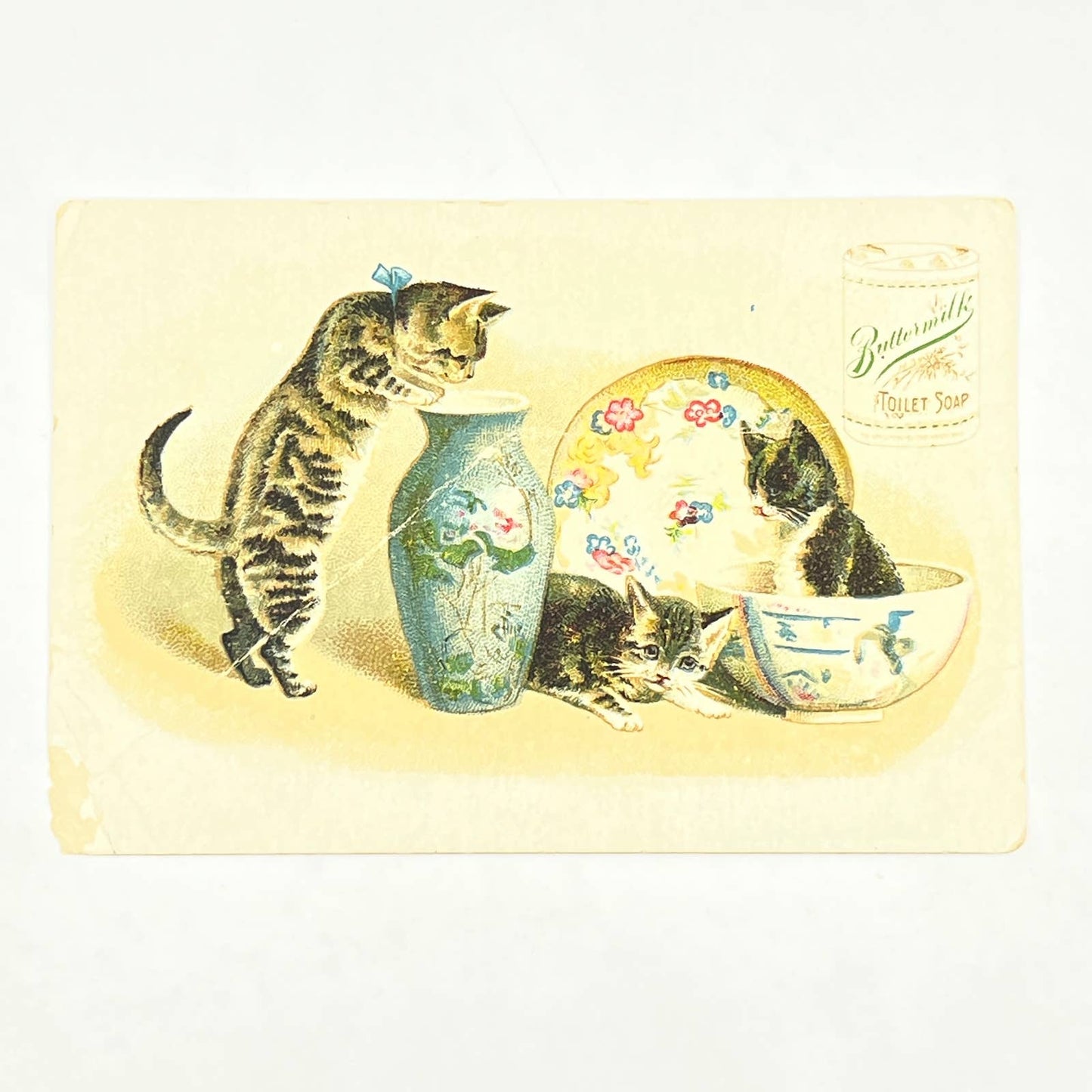 Original 1880s Victorian Trade Card Buttermilk Toilet Soap Kittens Cosmo AB6