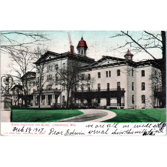 State Institute for the Blind 1907 Janesville Wisconsin Original Postcard TJ9-P3