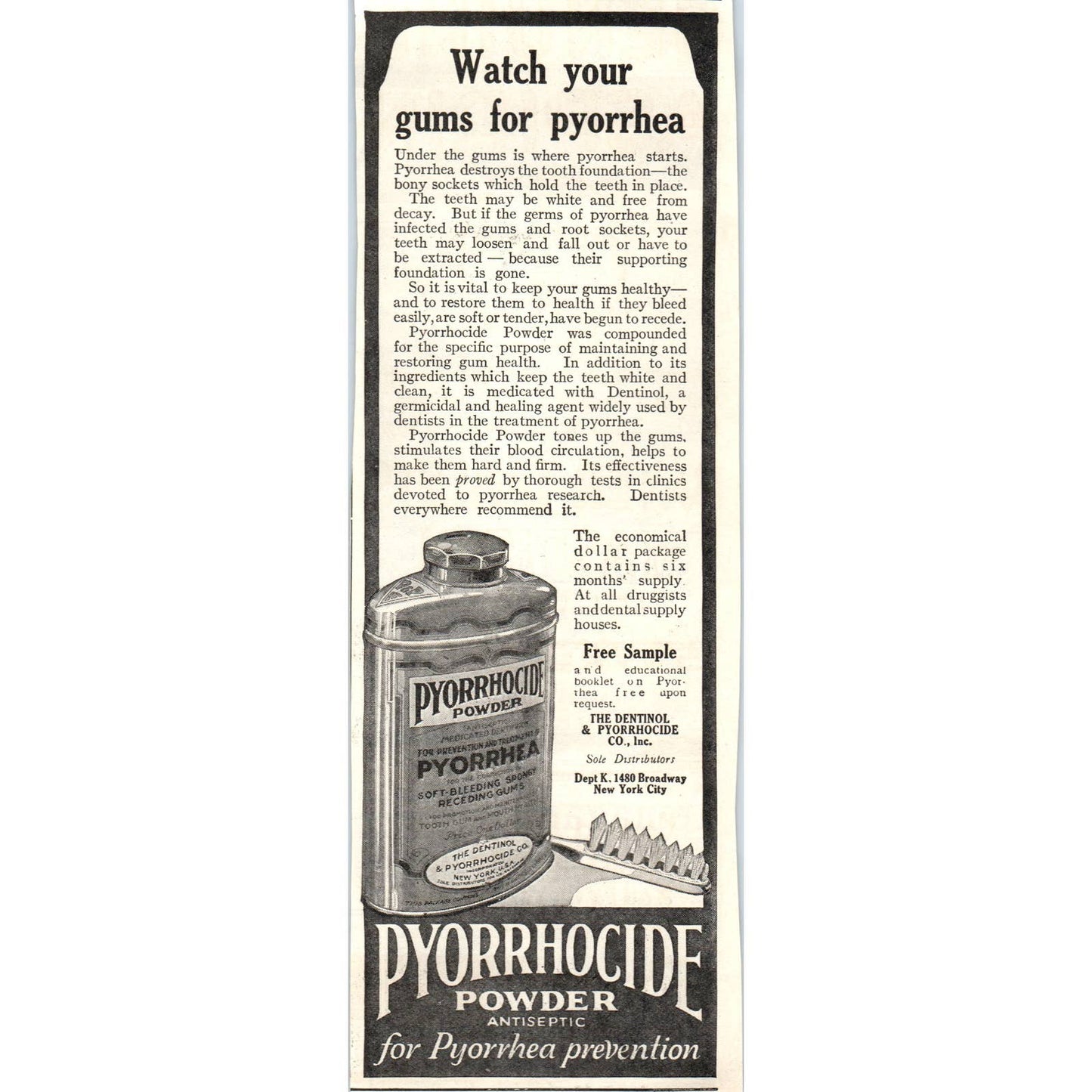 c1920 Harper's Magazine Ad Pyorrhocide Powder Dentinol & Pyorrhocide Co NY EA3-4