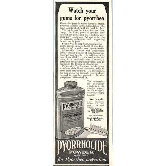 c1920 Harper's Magazine Ad Pyorrhocide Powder Dentinol & Pyorrhocide Co NY EA3-4