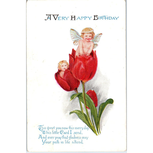Birthday Fairies Face in Flower Tulips Embossed 1924 Original Postcard P1-12