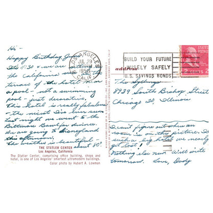 Vintage Postcard - The Statler Center Los Angeles California 1956 AD9