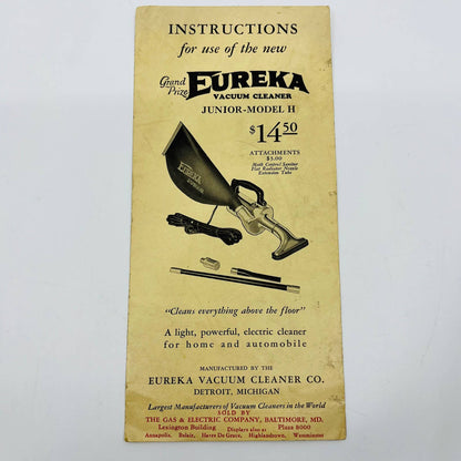 1930s Eureka Junior Model H Vacuum Tri Fold Brochure Detroit MI EA3