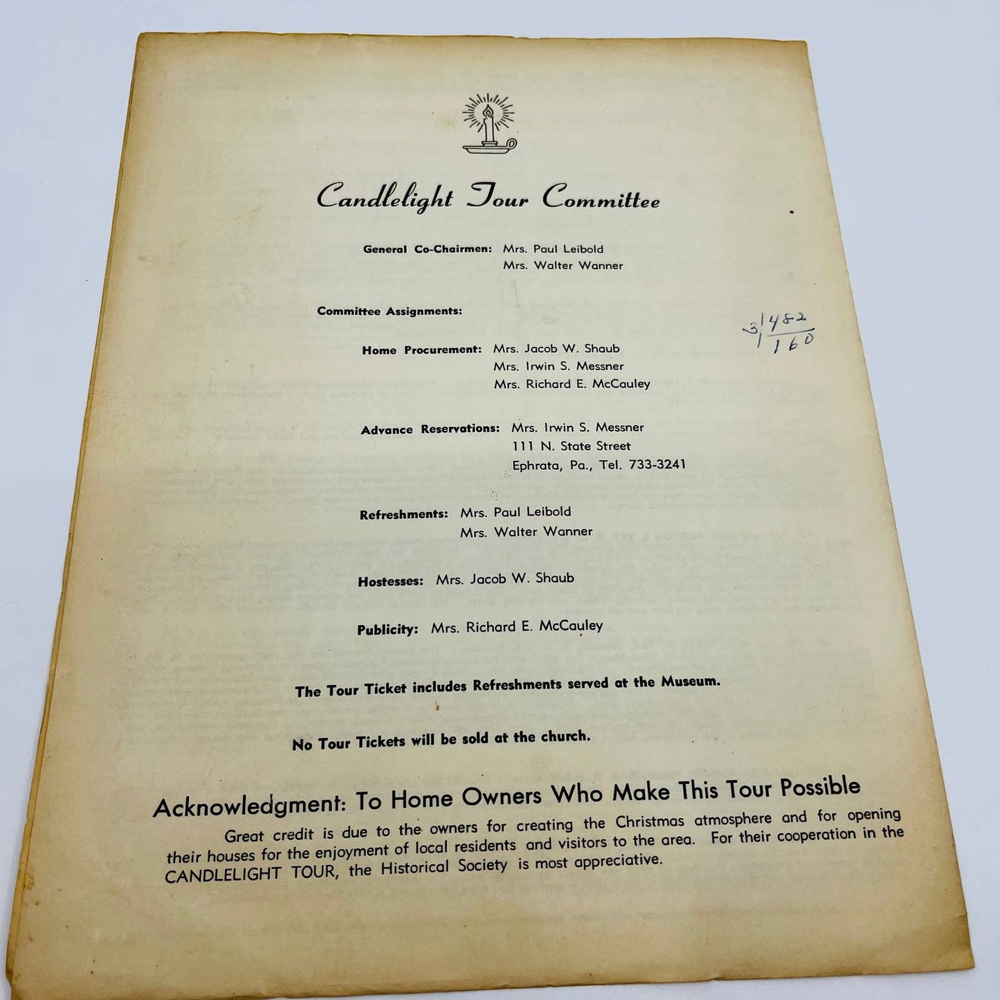 1968 Candlelight Tour Program Historical Society Cocalico Valley Epherata PA D3