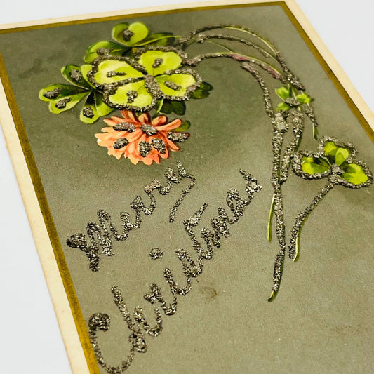 1910s Christmas Post Card Embossed Mica Shamrock Flower Gilt PA4