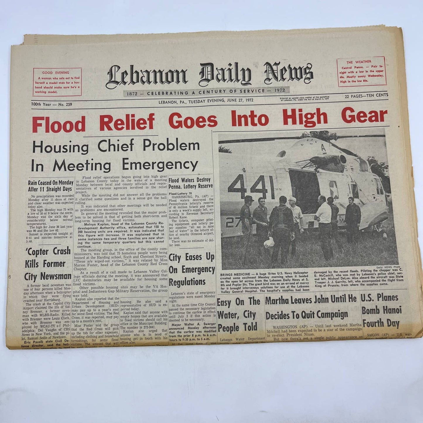 1972 June 27 Lebanon Daily News Hurricane Agnes Relief Effort in High Gear TH6