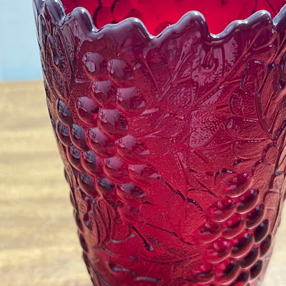 Vintage IMPERIAL GLASS Ruby Red Pressed Glass Harvest Grape Footed Vase 6” TB2