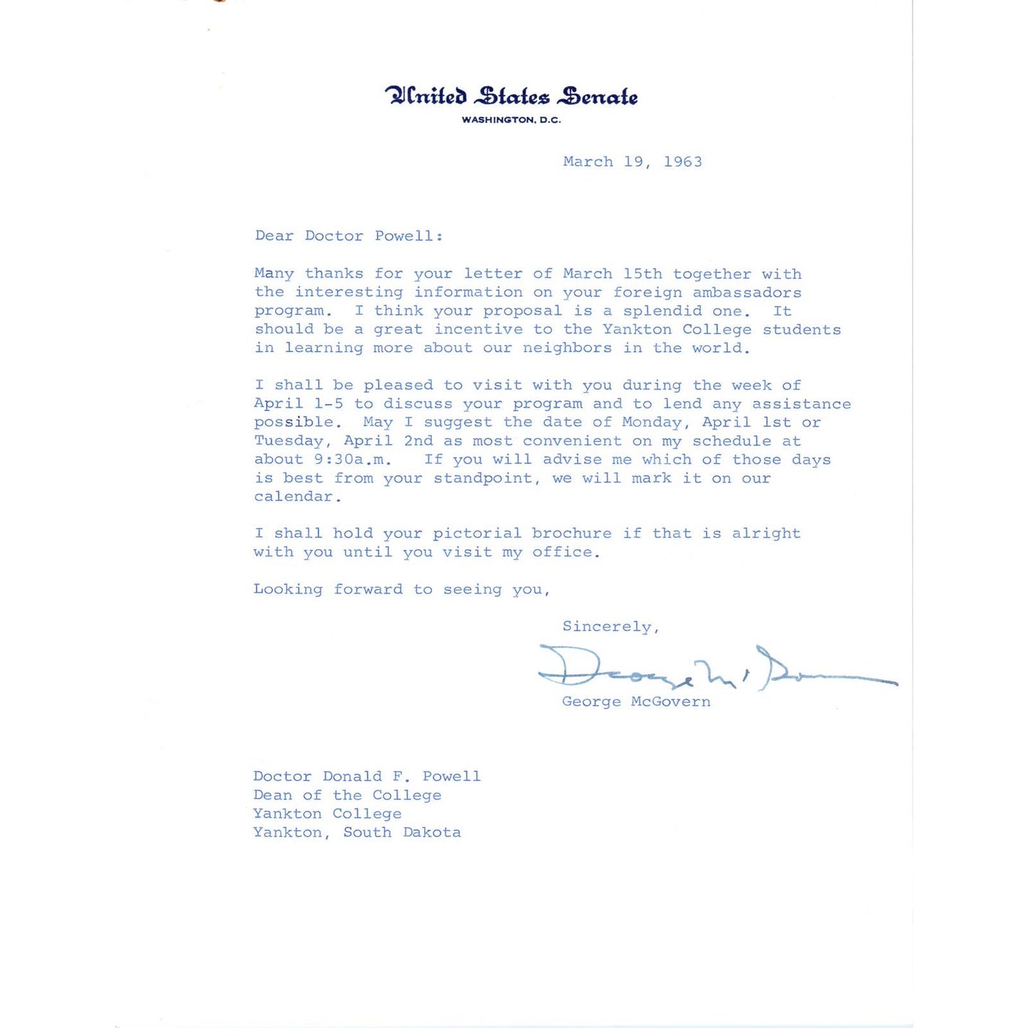 George McGovern Signed Letter on United States Senate Stationery 1963 TK1-P6