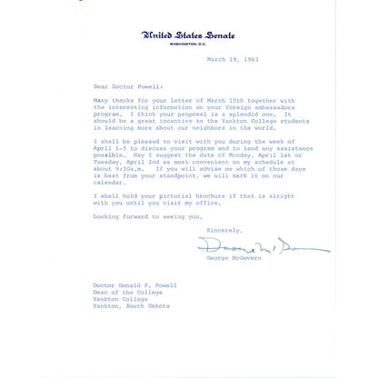George McGovern Signed Letter on United States Senate Stationery 1963 TK1-P6