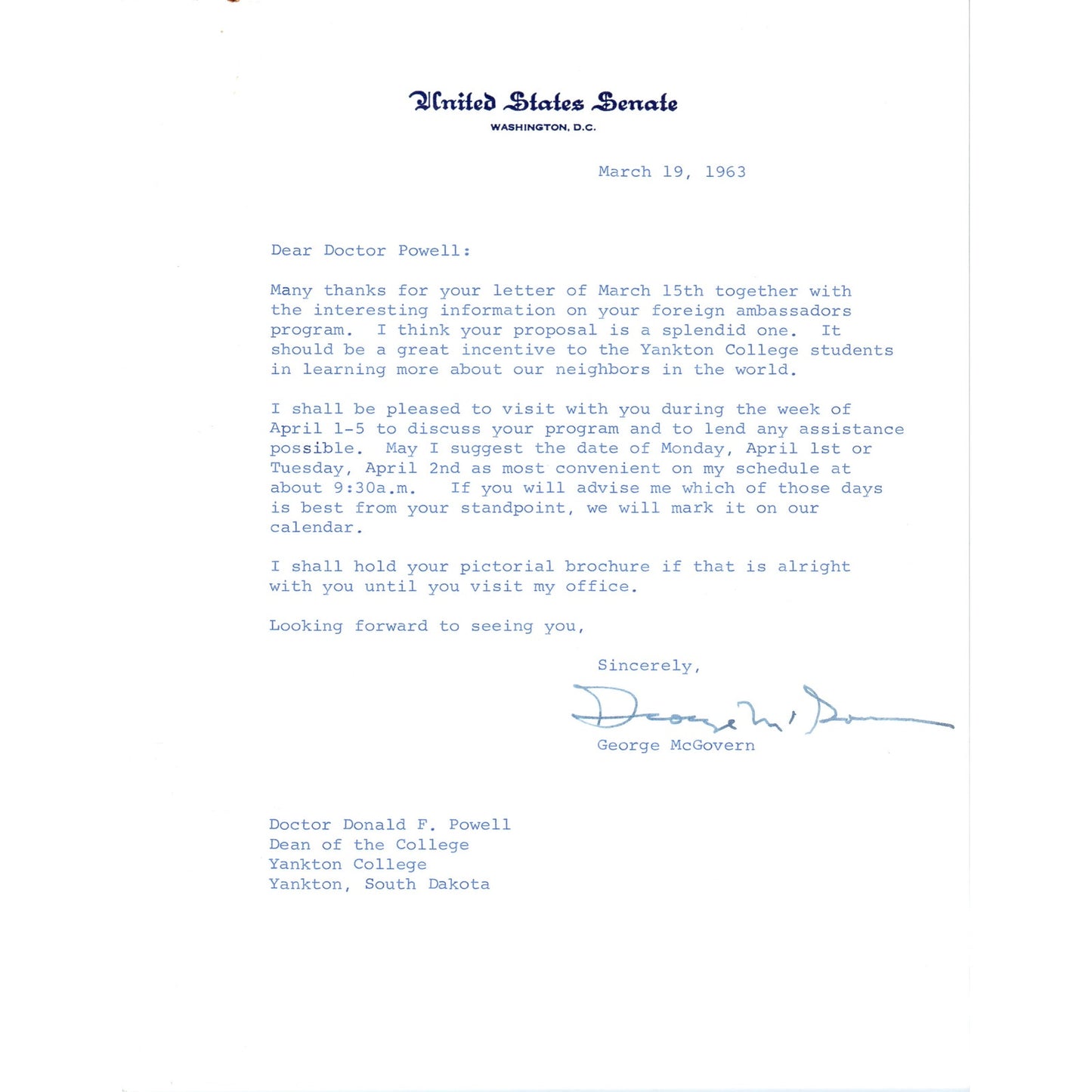 George McGovern Signed Letter on United States Senate Stationery 1963 B11