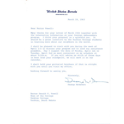 George McGovern Signed Letter on United States Senate Stationery 1963 B11