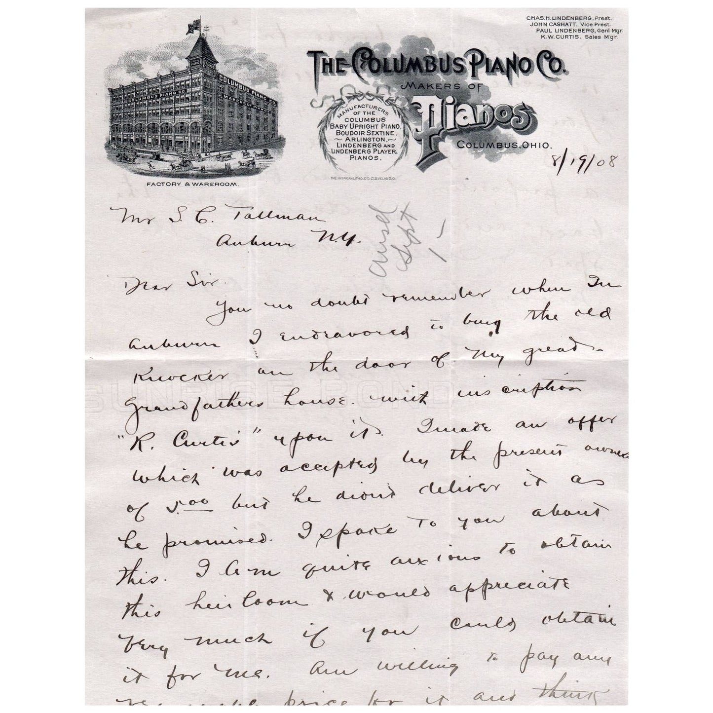 1908 Sept - The Columbus Piano Co Letterhead Columbus OH AC9