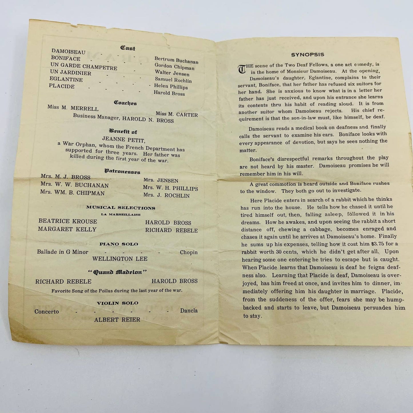 1919 WWI Passaic HS Benefit Program Les Deux Swords French War Orphans D6