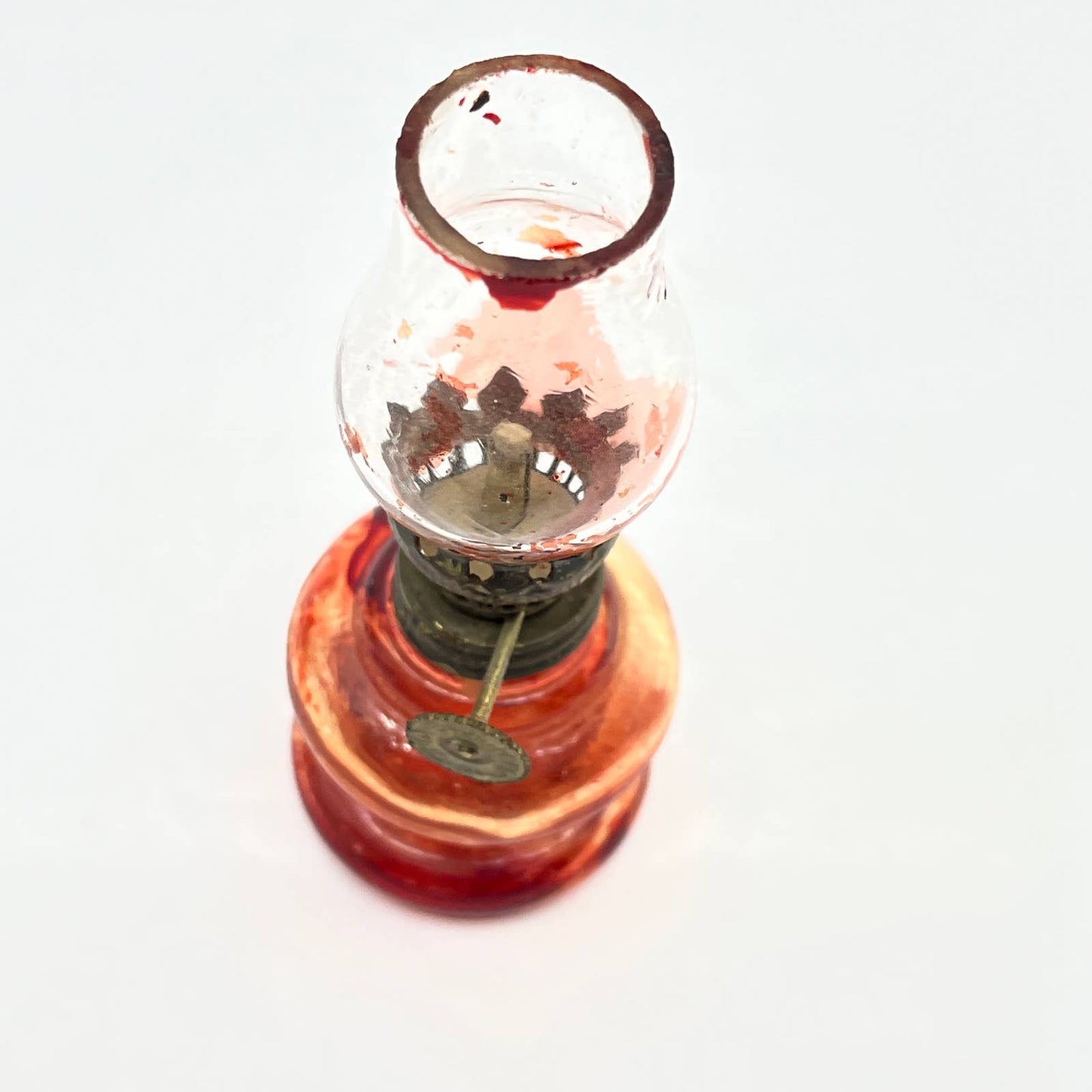 Vintage Mini Red and Clear Glass Kerosene Oil Lamp 4.5" TC7