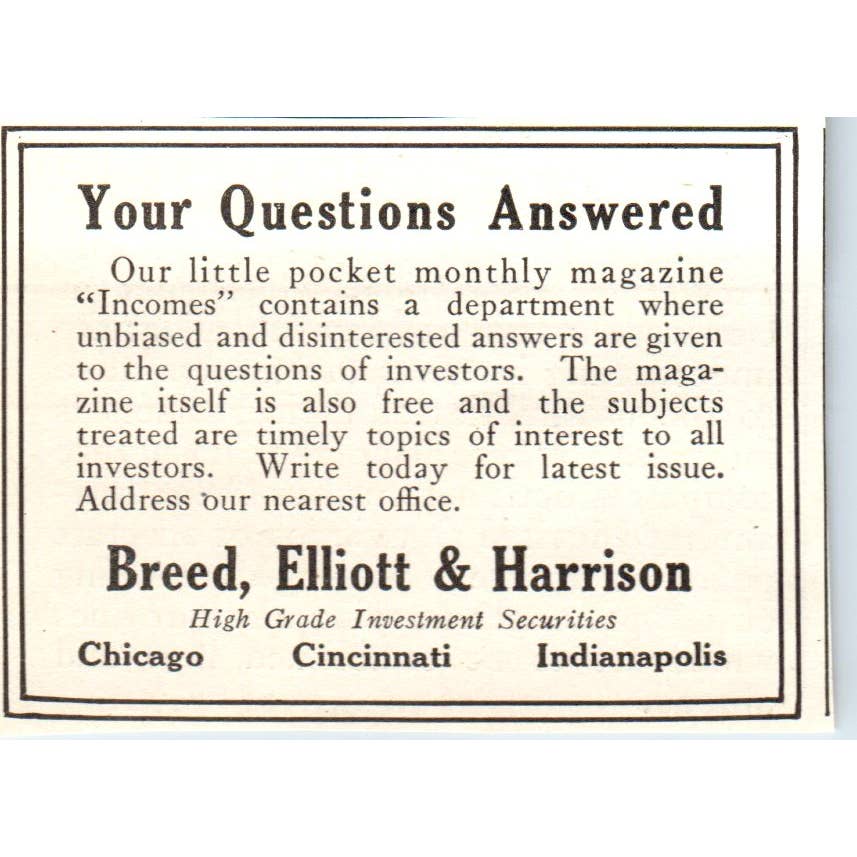 c1920 Harper's Magazine Ad - Breed, Elliott & Harrison Investment Securities EA3
