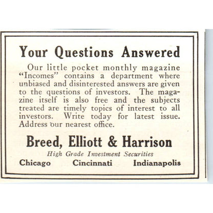 c1920 Harper's Magazine Ad - Breed, Elliott & Harrison Investment Securities EA3