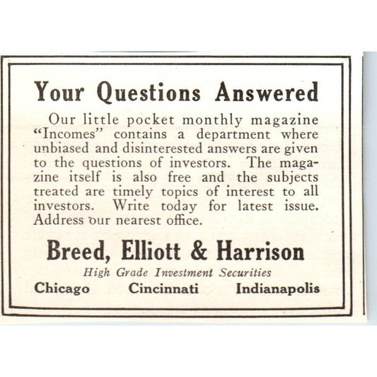 c1920 Harper's Magazine Ad - Breed, Elliott & Harrison Investment Securities EA3