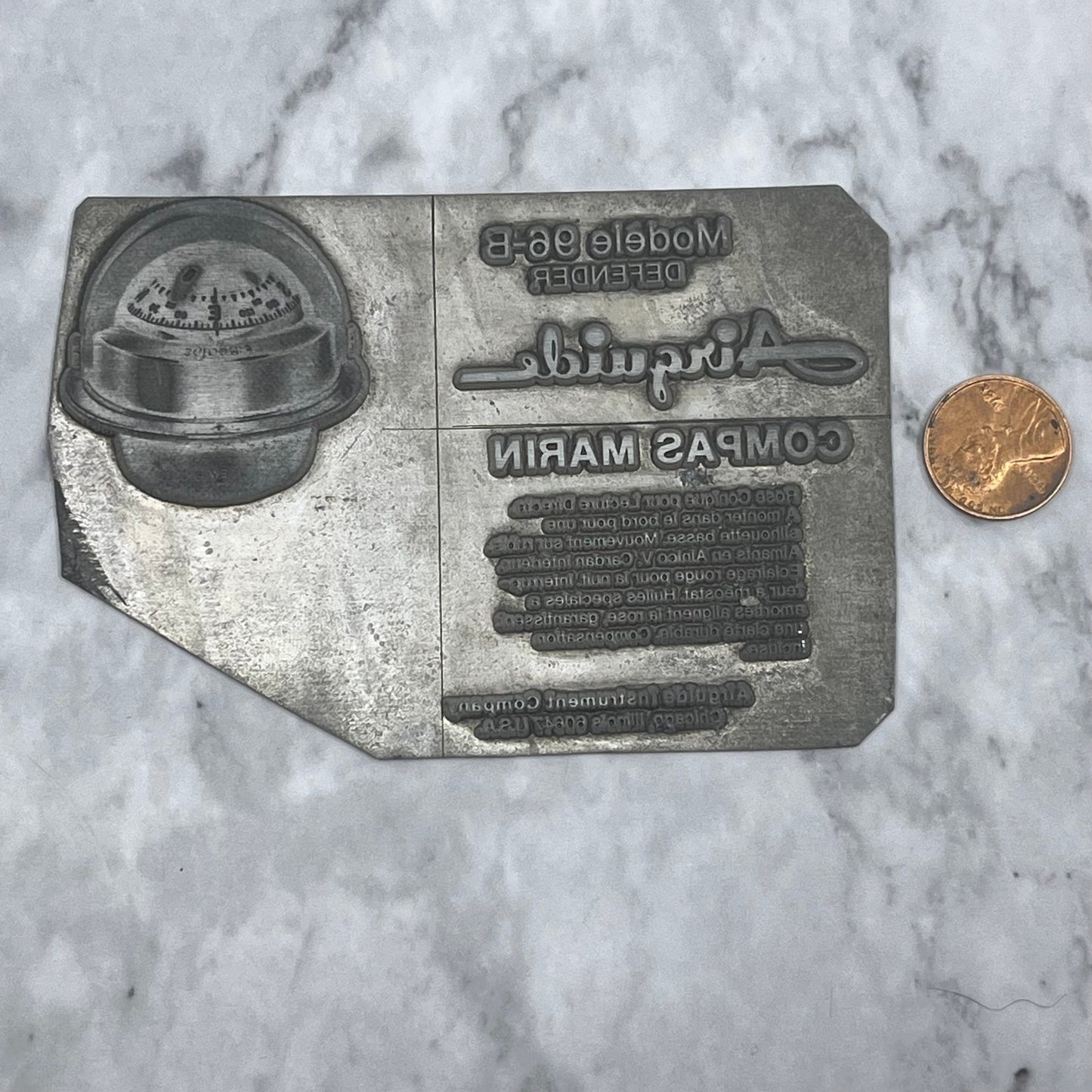 Vtg Letterpress Printers Block Plate Airguide Model 96-B Defender Compass SE846