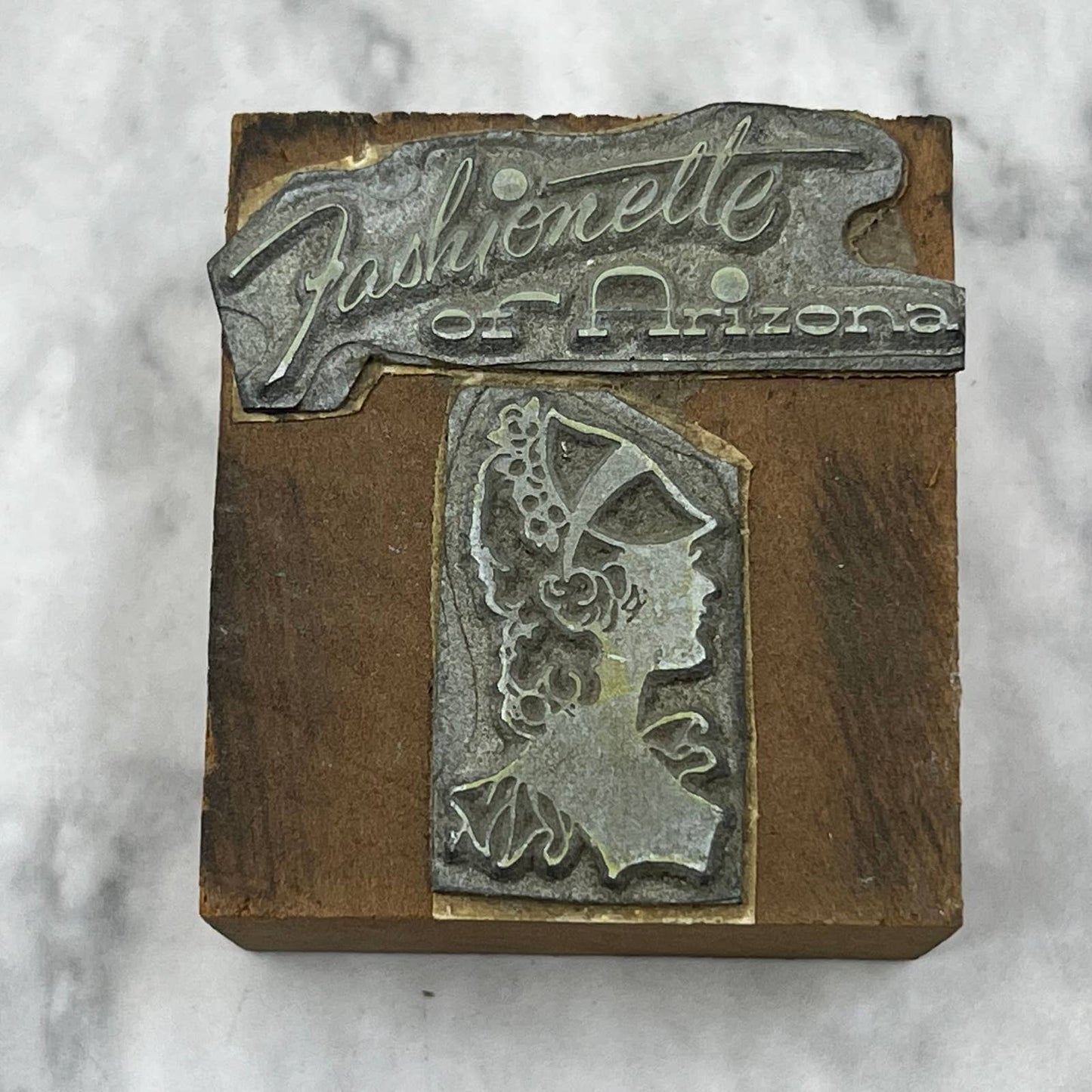 Vintage Printing Letterpress Printers Block Plate Fashionette of Arizona TJ53