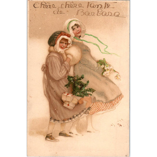 Antique Victorian Postcard French 2 Girls in the Snow Fur Muff and Presents SE4