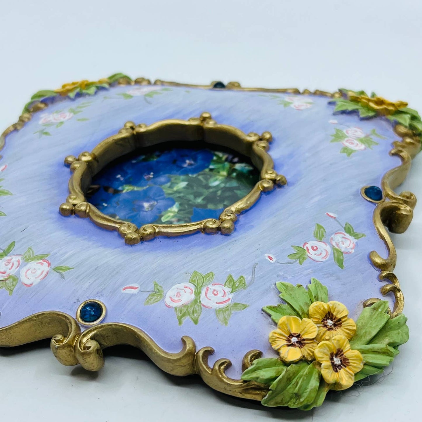 VTG Ornate Cast Resin Hand Painted Floral Frame 6 1/2 x 6 1/2 Fits 3x3 Pic TC1