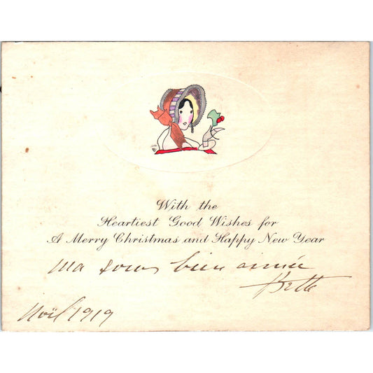1919 Antique Christmas Greeting Card Woman in Bonnet With Holly SE5