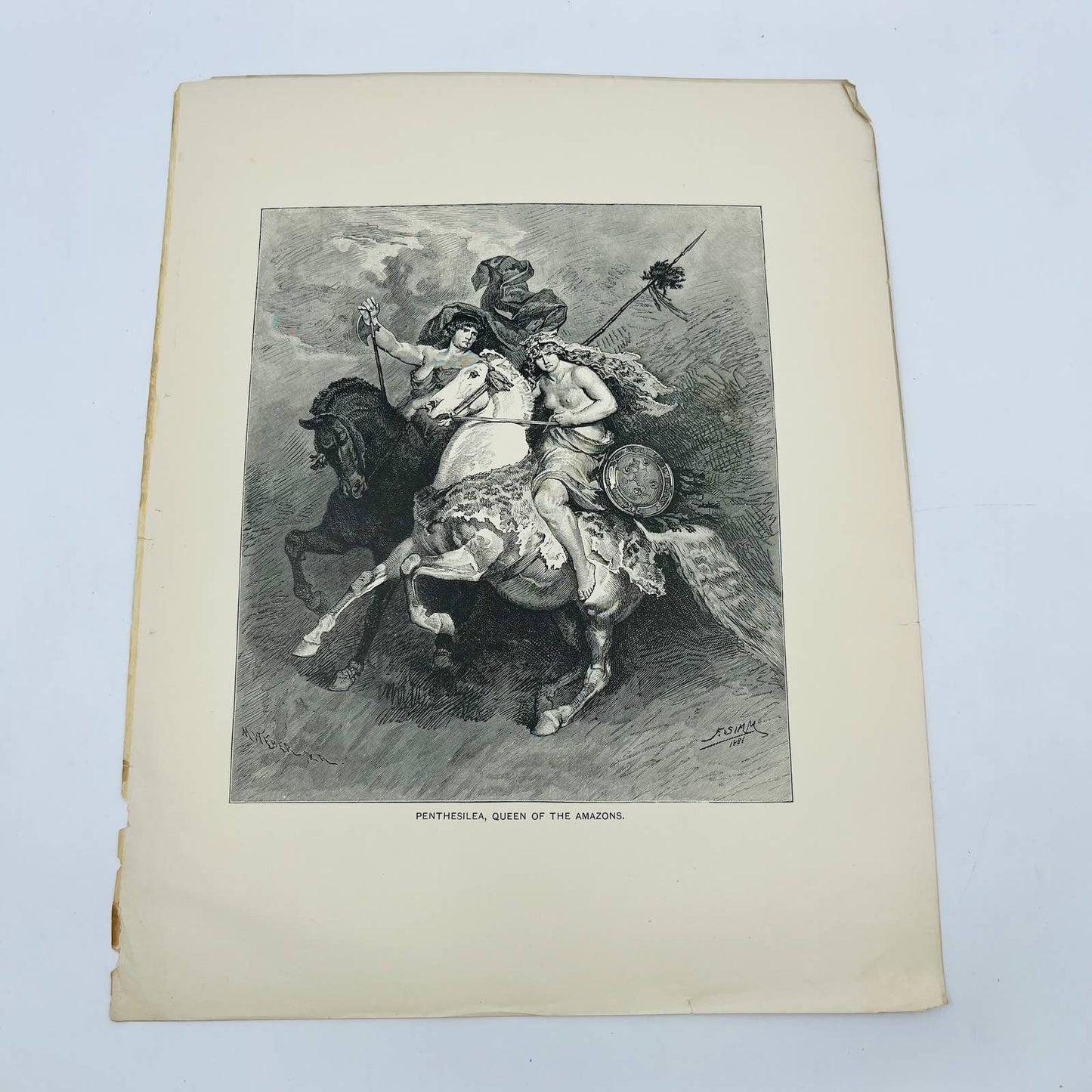 1880s Victorian Art Print Engraving  PENTHESILEA, QUEEN OF THE AMAZONS