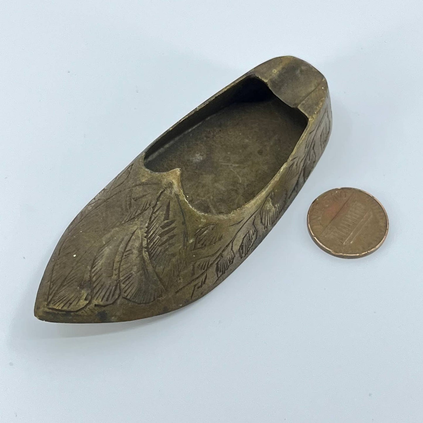 Vintage Brass Etched Shoe Ash Tray Incense Burner India 4” SD1