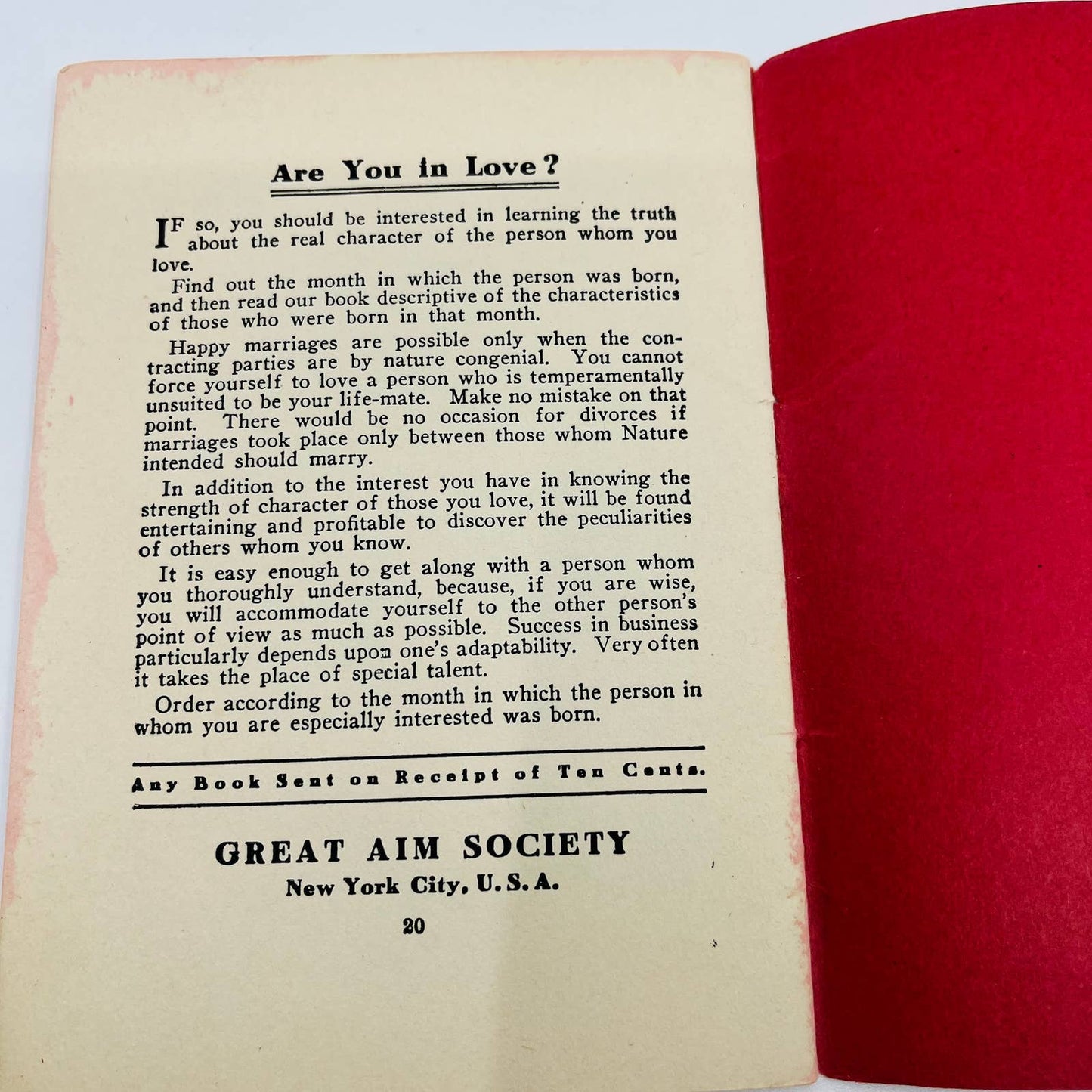 1909 Were You Born in July? Birthday Book Great Aim Society NY D4