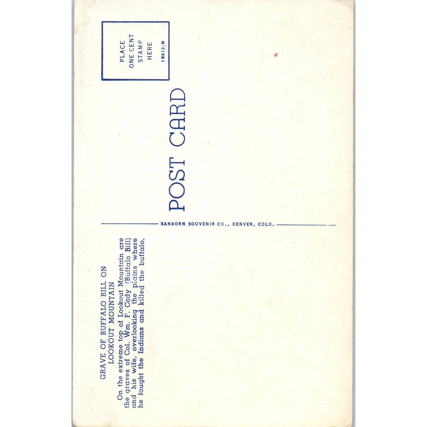 Grave of Buffalo Bill on Lookout Mountain Original Postcard TK1-29