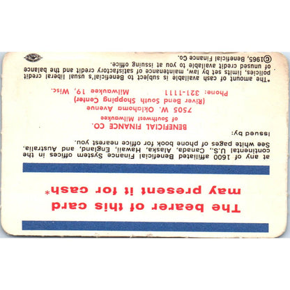 1965 Beneficial Finance System Cash Credit Account Card Milwaukee Obsolete SE5