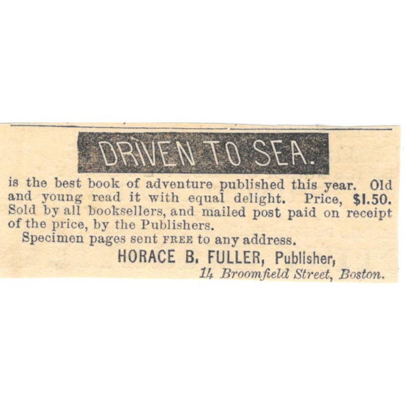 Driven to Sea - Horace B. Fuller - Ad 1878 Original TJ7-L2-3