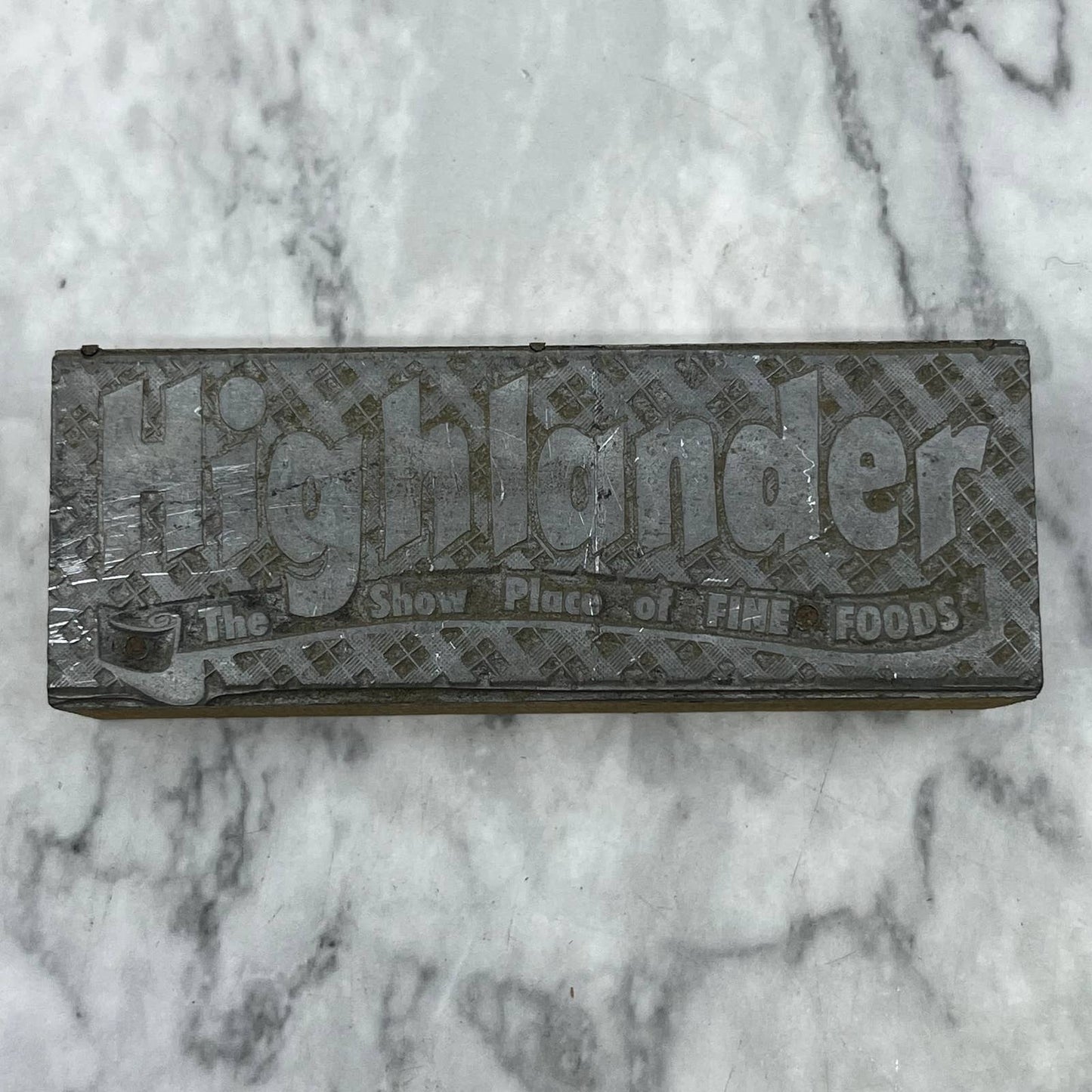Vintage Letterpress Printers Block Plate Highlander Showplace of Fine Foods TJ52