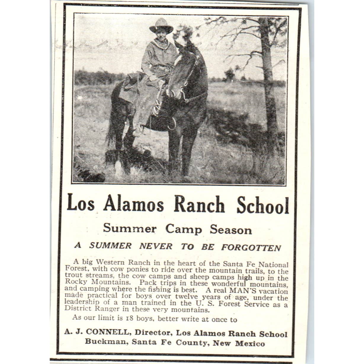 c1920 Harper's Ad Los Alamos Ranch School Summer Camp A.J. Connell Buckman EA3-4